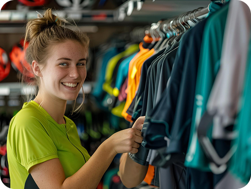 Woman in yellow sportswear shopping for athletic wear